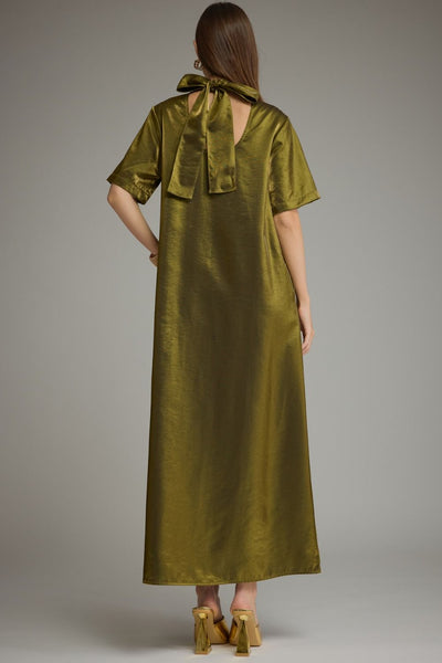 Solid Short Sleeve Satin Maxi Dress