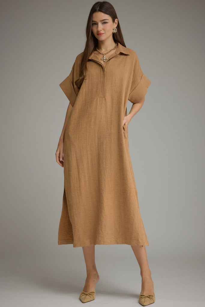Shirt Collared Short Sleeve Midi Dress