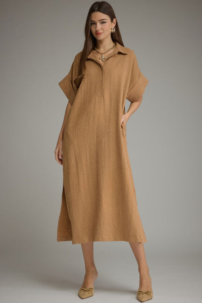 Shirt Collared Short Sleeve Midi Dress