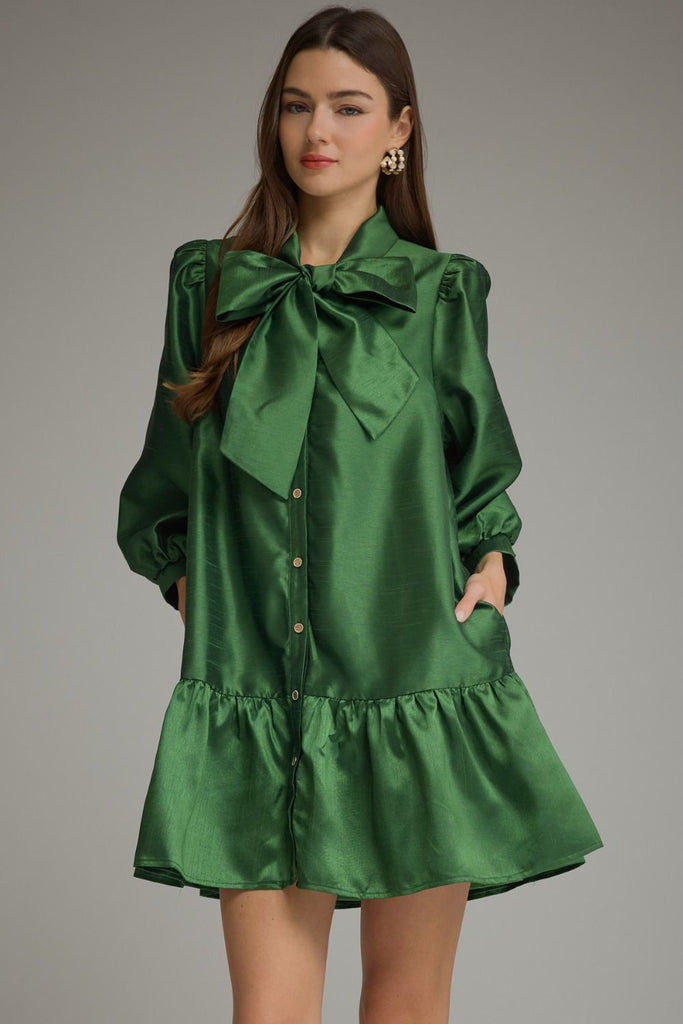 Solid Metallic ¾ Balloon Sleeve Mini Dress