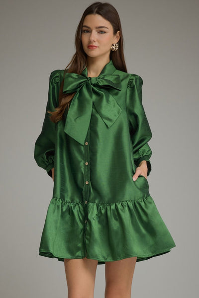 Solid Metallic ¾ Balloon Sleeve Mini Dress