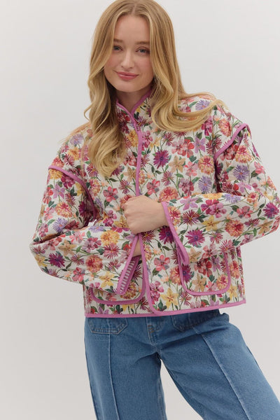 Botanical Print Long Sleeve Quilted Jacket