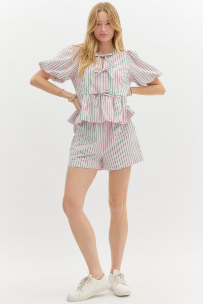 Striped Short Bubble Sleeve Babydoll Top