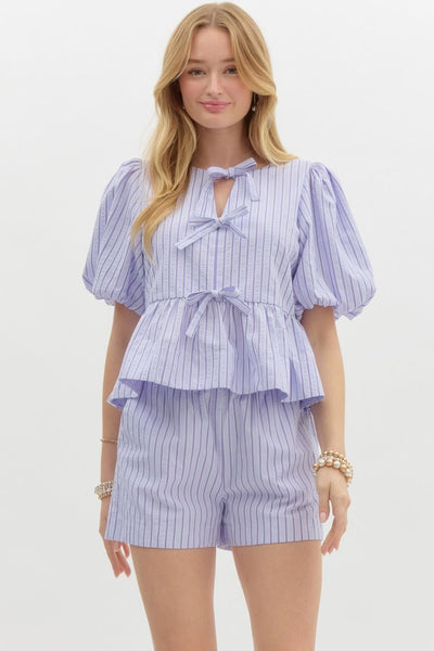 Striped Short Bubble Sleeve Babydoll Top