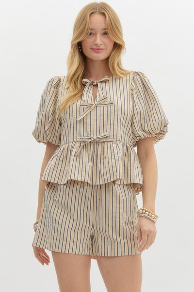 Striped Short Bubble Sleeve Babydoll Top