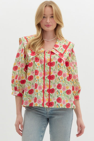 Floral Print ¾ Band Cuff Sleeve Top