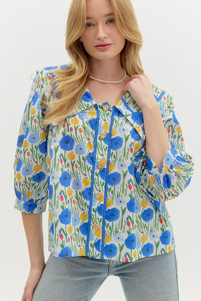 Floral Print ¾ Band Cuff Sleeve Top