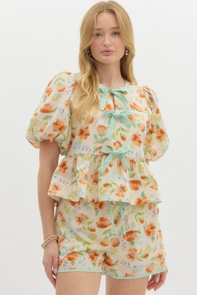 Floral Bubble Sleeve Babydoll Top