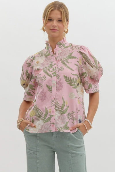Floral Ruffled Neck Button Front Top