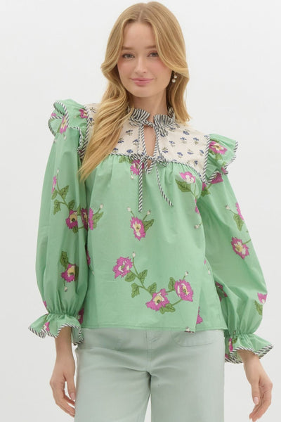 Mixed-Print High Neck Ruffle Yoke Top