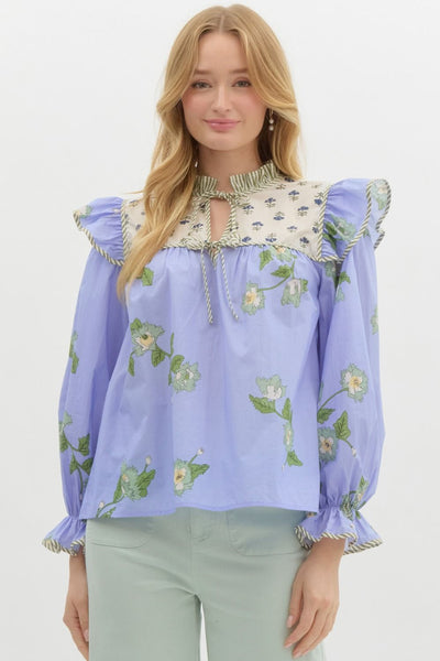 Mixed-Print High Neck Ruffle Yoke Top