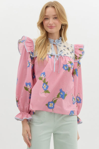 Mixed-Print High Neck Ruffle Yoke Top