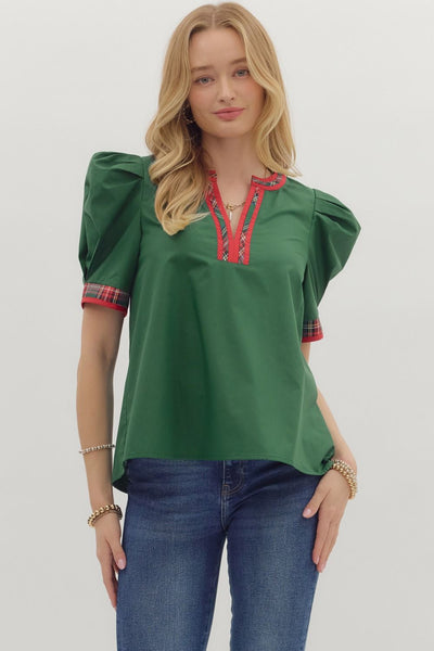 Solid Short Pleated Puff Sleeve Top