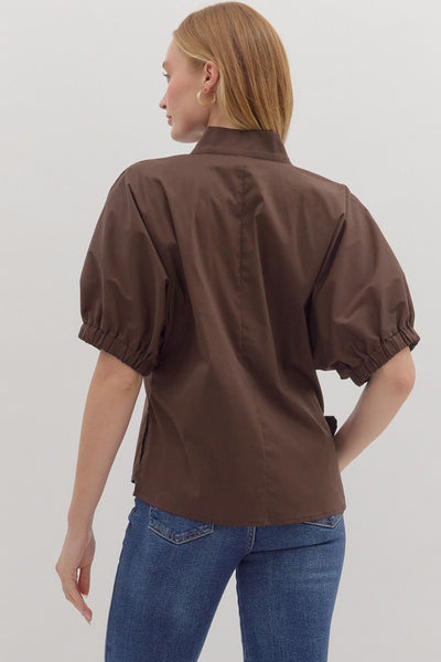 V-Neck Standing Collar Puff Sleeve Top