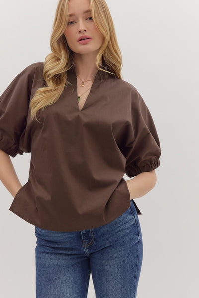 V-Neck Standing Collar Puff Sleeve Top
