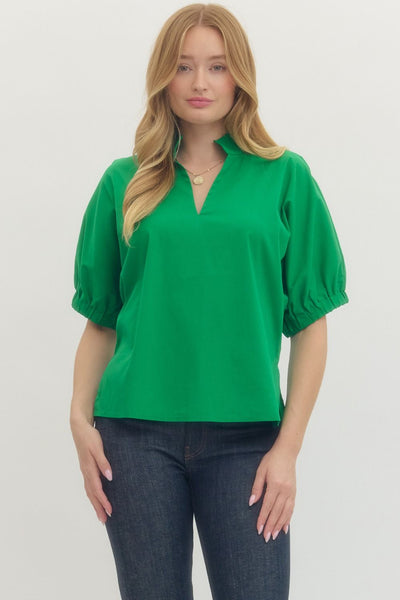 V-Neck Standing Collar Puff Sleeve Top