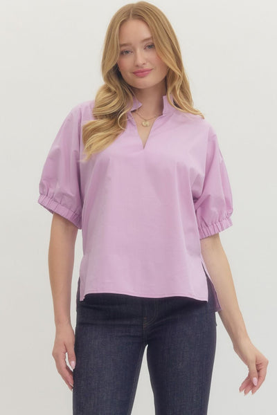 V-Neck Standing Collar Puff Sleeve Top