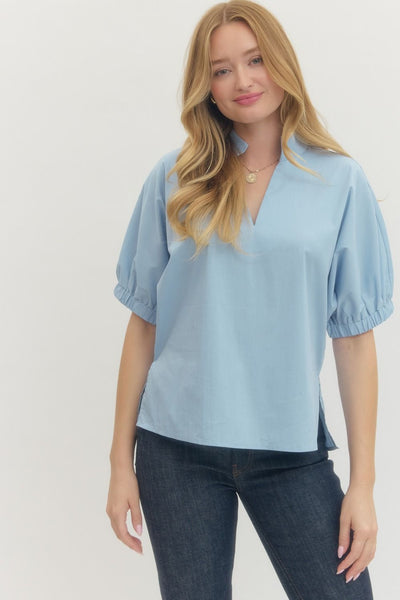 V-Neck Standing Collar Puff Sleeve Top