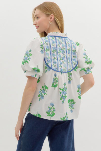 Floral Cuff Band Short Bubble Sleeve Top