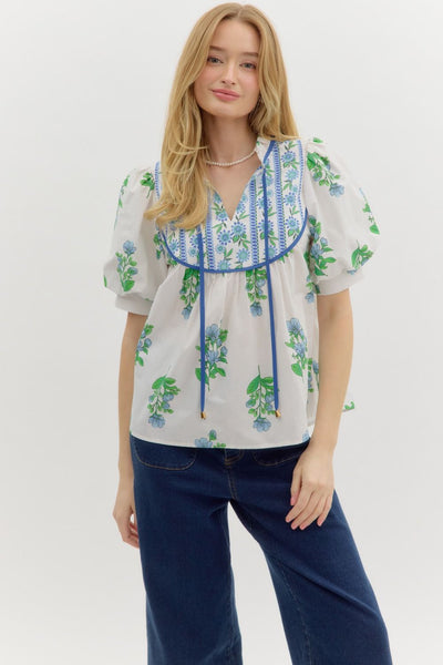 Floral Cuff Band Short Bubble Sleeve Top