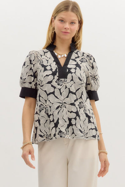 Floral Embroidered Short Puff Sleeve Top