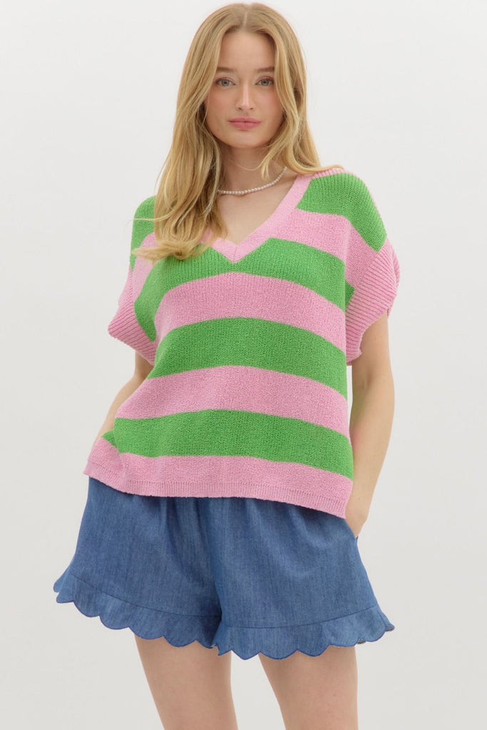 Stripe V-Neck Oversized Sweater Top