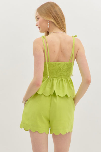 Solid Shoulder Tie Ruffle Hem Top
