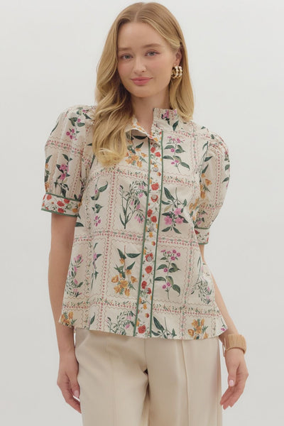 Floral Ruffle Neck Band Collar Button Up Top
