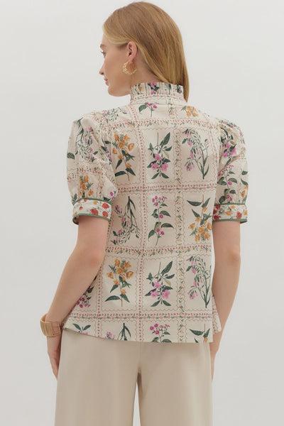 Floral Ruffle Neck Band Collar Button Up Top