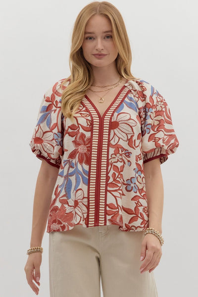 Botanical Print Bubble Sleeve Top