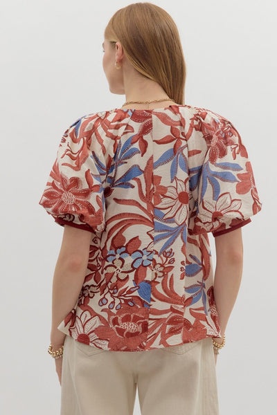 Botanical Print Bubble Sleeve Top