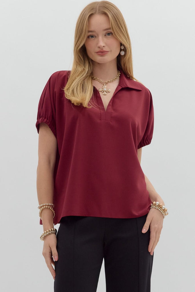 Split Collar Side Slit Hem Top