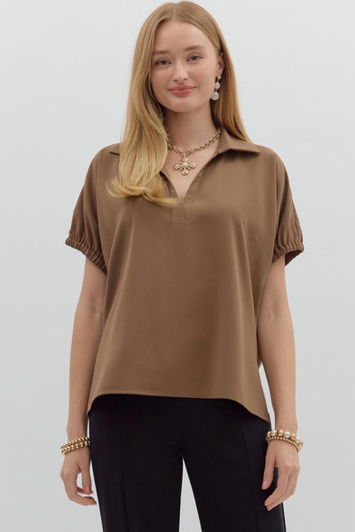 Split Collar Side Slit Hem Top