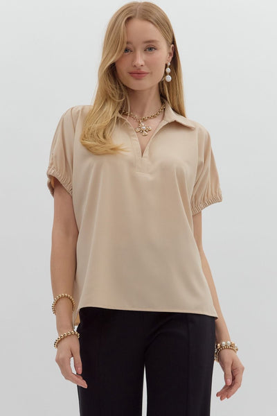 Split Collar Side Slit Hem Top