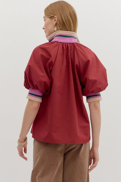 Zip-Front Closure Elbow-Length Sleeve Top