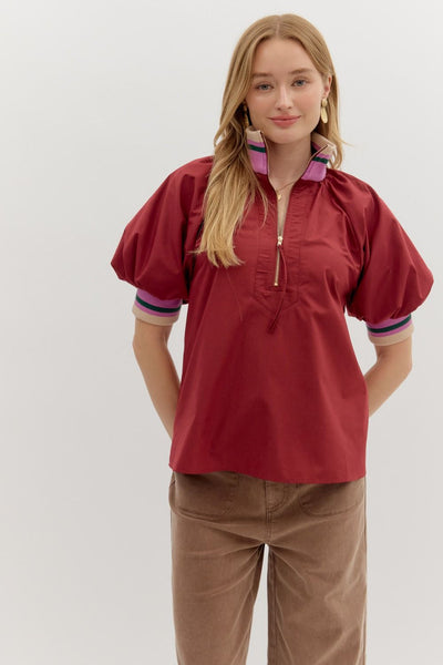 Zip-Front Closure Elbow-Length Sleeve Top