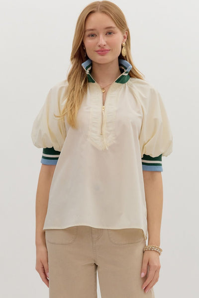 Zip-Front Closure Elbow-Length Sleeve Top