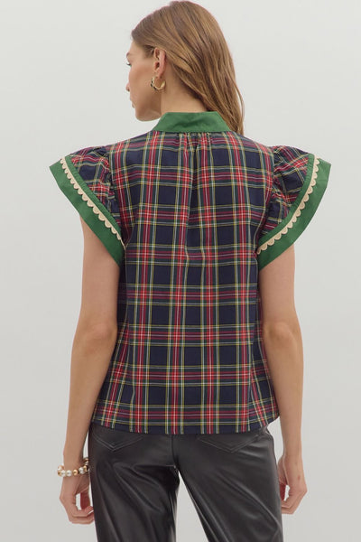 Plaid Scallop Trim Accent Flutter Sleeve Top