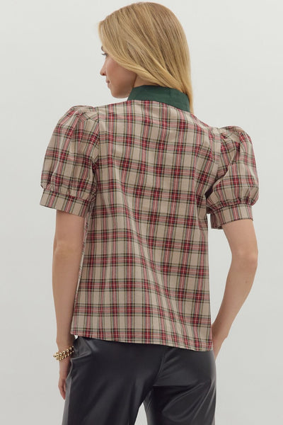 Plaid Pattern Cuff Band Short Sleeve Top