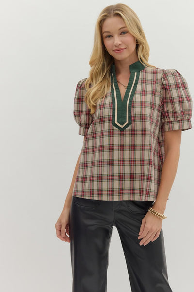 Plaid Pattern Cuff Band Short Sleeve Top