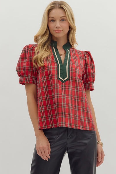 Plaid Pattern Cuff Band Short Sleeve Top
