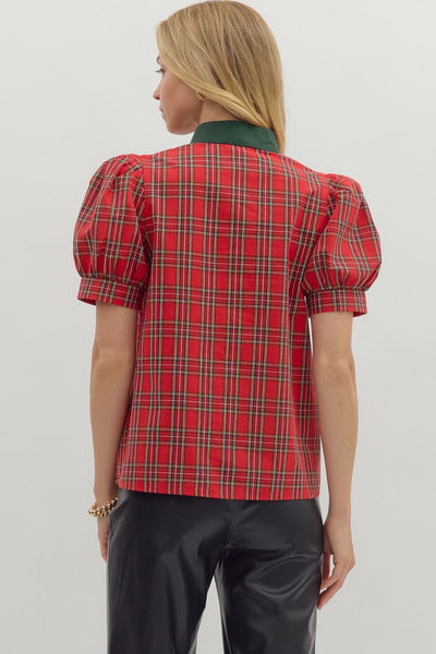 Plaid Pattern Cuff Band Short Sleeve Top