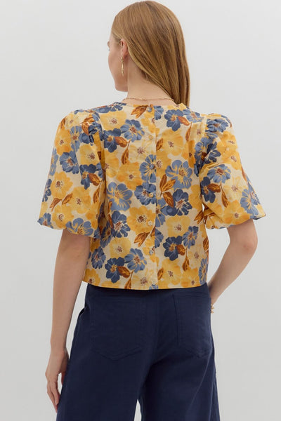 Floral Front Tie Short Bubble Sleeve Top