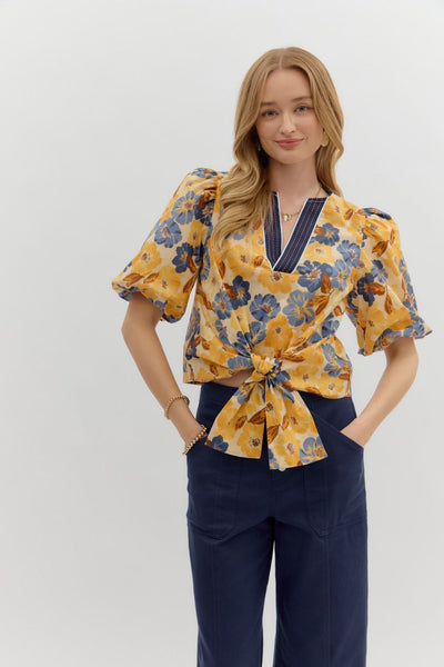 Floral Front Tie Short Bubble Sleeve Top