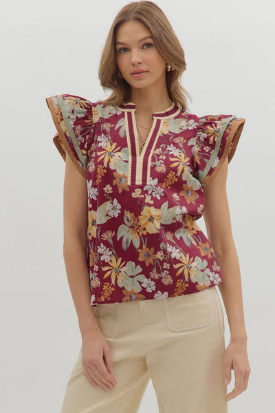 Floral Tiered Flutter Sleeve Pullover Top