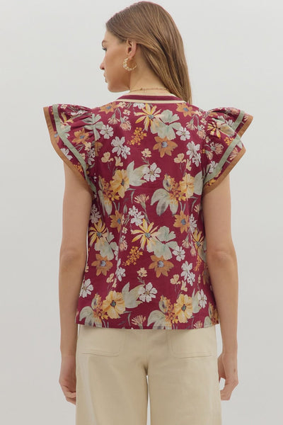 Floral Tiered Flutter Sleeve Pullover Top