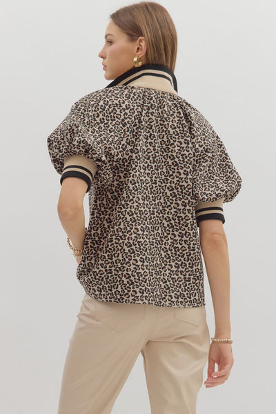 Leopard Short Puff Sleeve Half-Zip Top