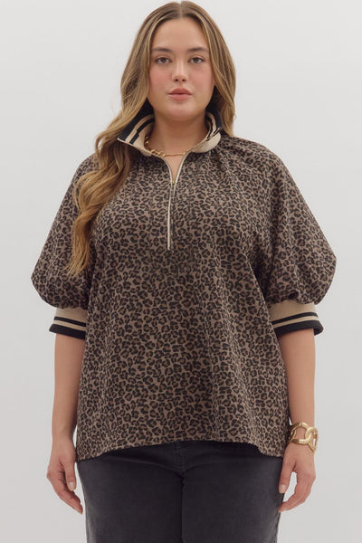 Leopard Pattern Puff Sleeve Half-Zip Top