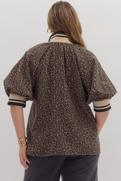Leopard Pattern Puff Sleeve Half-Zip Top
