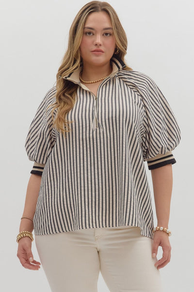 Stripe Half-Zip Short Puff Sleeve Top